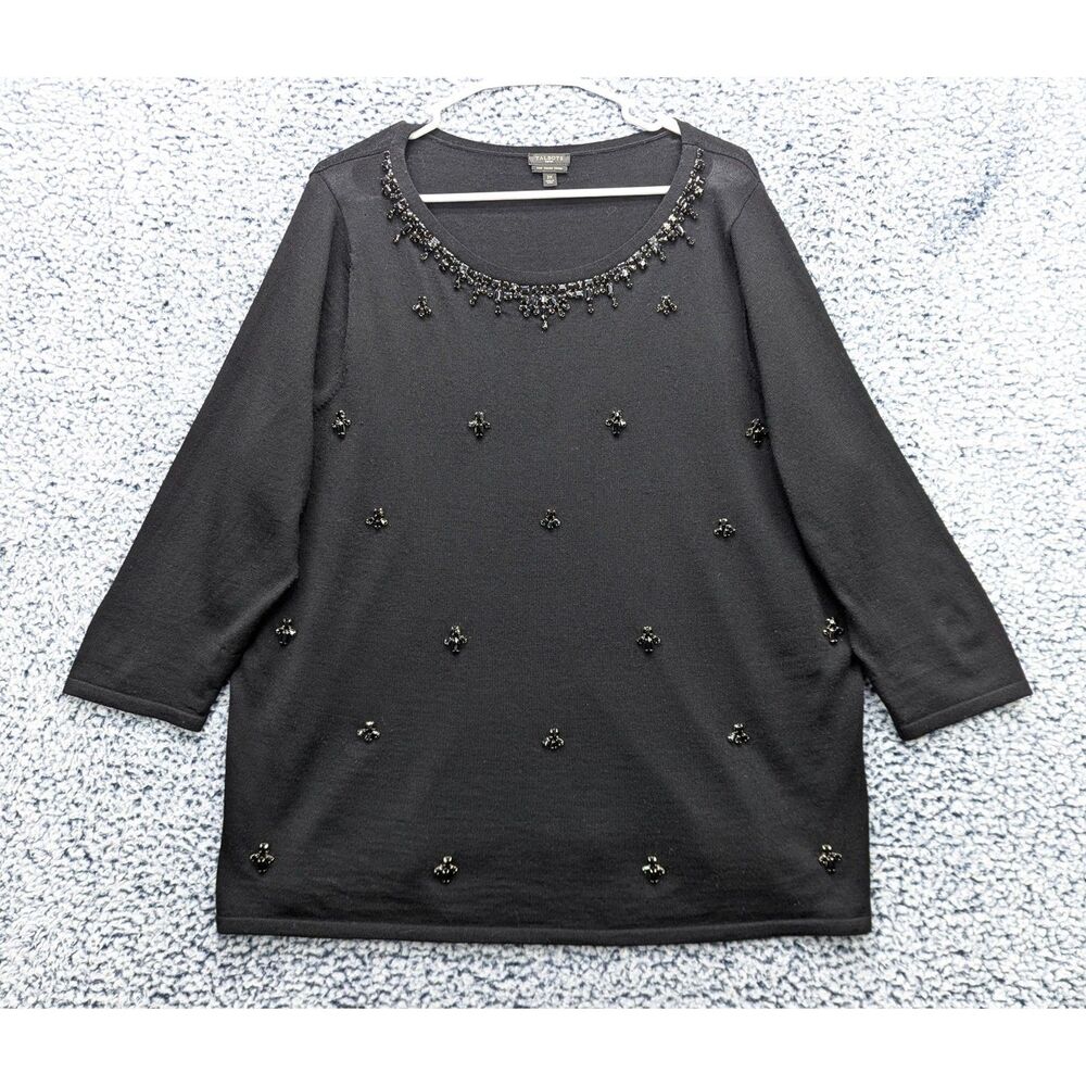 Talbots 100% Merino Wool Sweater Size 2X Rhinestone Jeweled Pullover Knit Black